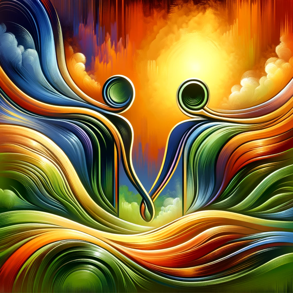 Abstract art depicting loyalty between friends. The image features vibrant, fluid shapes and intertwining lines suggesting two figures standing side by side. The background has a gradient of gold, green, and orange, symbolizing a setting sun and lush park. The overall composition is warm, dynamic, and emotionally resonant, capturing the essence of trust and companionship in an abstract, non-literal way.